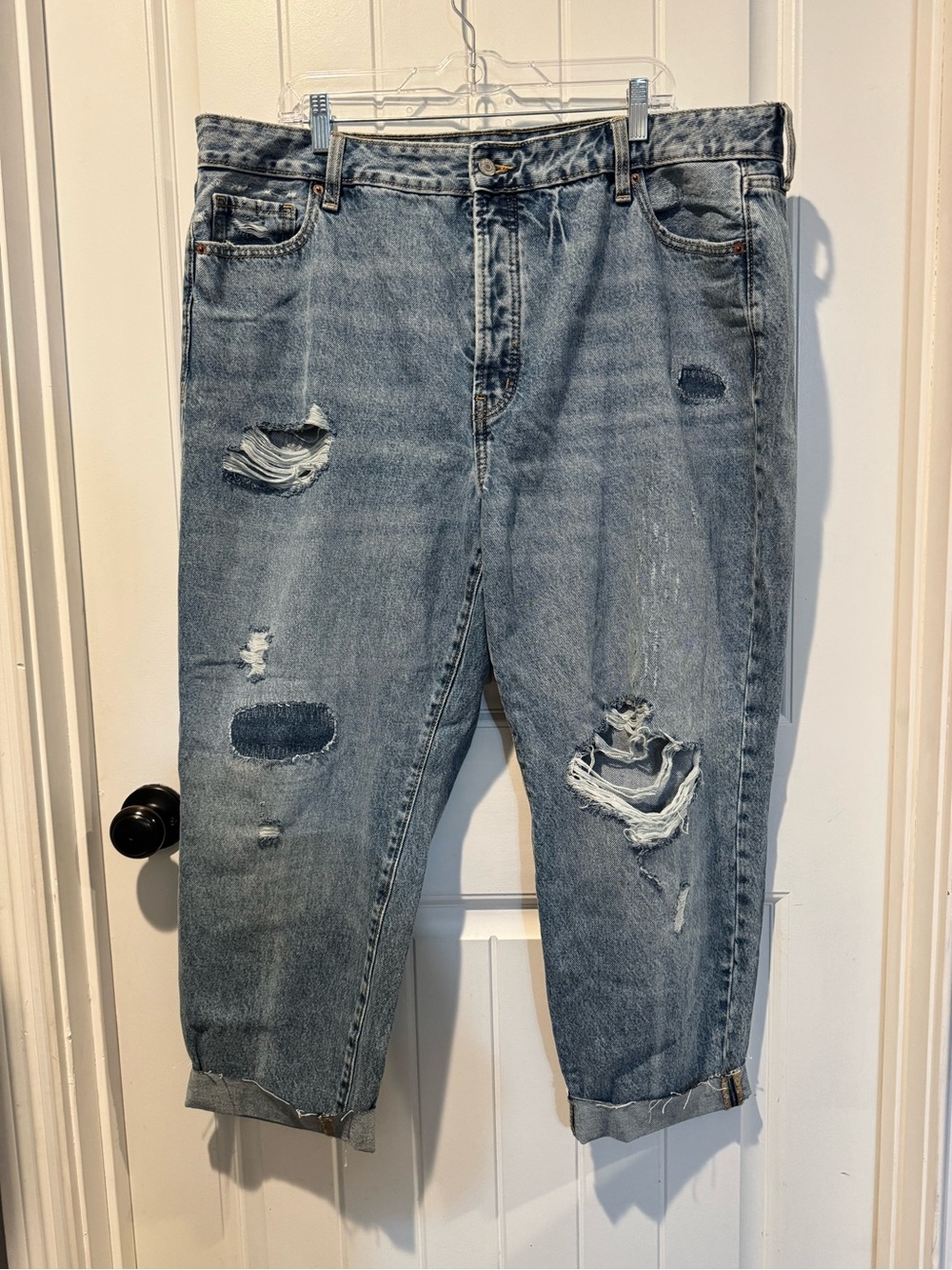 Old Navy Women’s High-Rise OG Straight Distressed Patchwork Light Blue Jeans